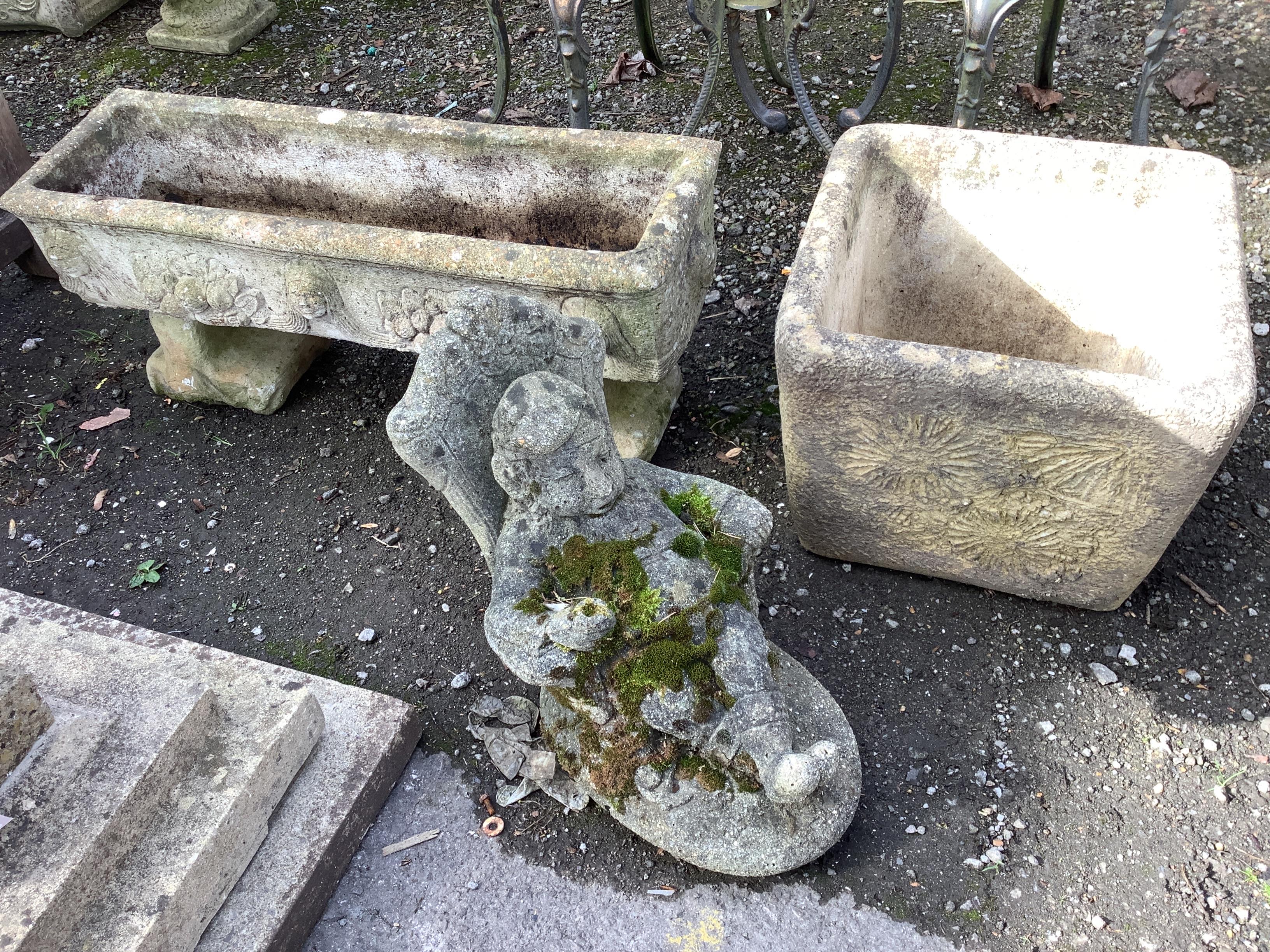 Two reconstituted stone trough garden planters and a seated gnome garden ornament, largest width 86cm, height 34cm